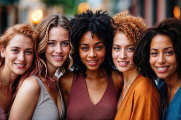 Fototapeta premium Multicultural women smiling on city street