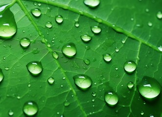 Fototapeta na wymiar Raindrops on Green Leaves, Close-Up Leaf Patterns View, Tree Freshness After Rain, Nature Macro Image