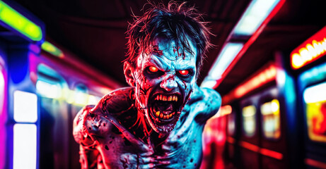 Raging undead infected zombie monster with evil red eyes and horrific broken teeth filled with bloodlust and prowling for victims in underground subway tunnel with neon lights background. 