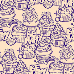 Tasty sweet cupcake dessert decorative seamless pattern for textile design, fabric print, digital or wrapping paper, wallpaper, background and backdrop, bakery shop decoration, cafe, restaurant menu.