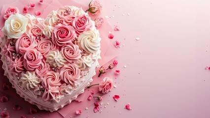 Valentine's Day flatlay pink background for text with white and pink cake and flowers. Product mockup scene creator.