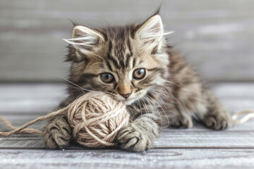 A kitten playing with a ball of yarn and getting tangled up in it