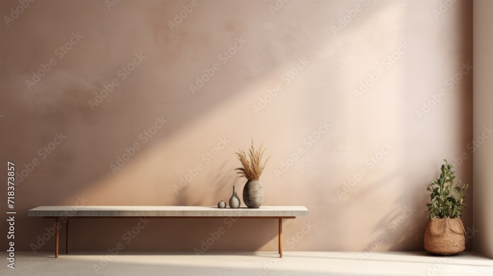 Poster a table with two vases sitting on top of it next to a potted plant on top of a table.