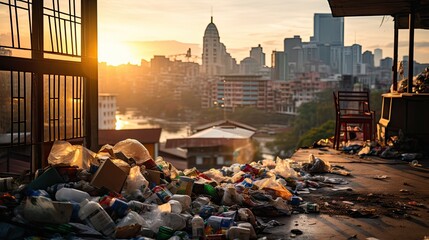 waste plastic bottles and other types of plastic waste. city view. Generative AI