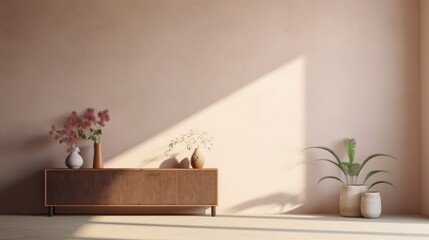  a room with two vases, a plant, and a potted plant on the side of a dresser.