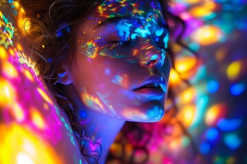 An unrecognizable woman bathed in vibrant, colorful illumination, creating an enchanting and captivating scene generative ai