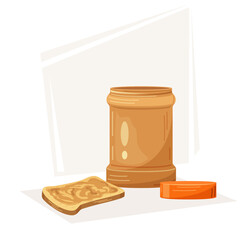Vector illustration of an open jar of peanut butter and a peanut butter sandwich. Illustration of breakfast, food. Sweet spread, tasty snack, nutty brown cream.