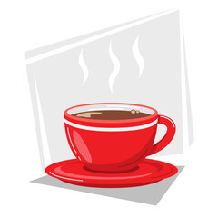 Vector illustration of a red cup of hot coffee. Illustration of breakfast, food, drinks. Kitchenware. Equipment for preparing aromatic drinks.