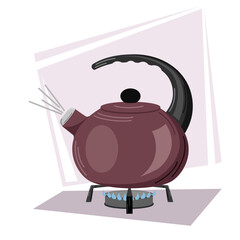 Vector illustration of a purple kettle in which water is boiling on a fire. Illustration of breakfast, food, drinks. Kitchenware. Equipment for preparing aromatic drinks.