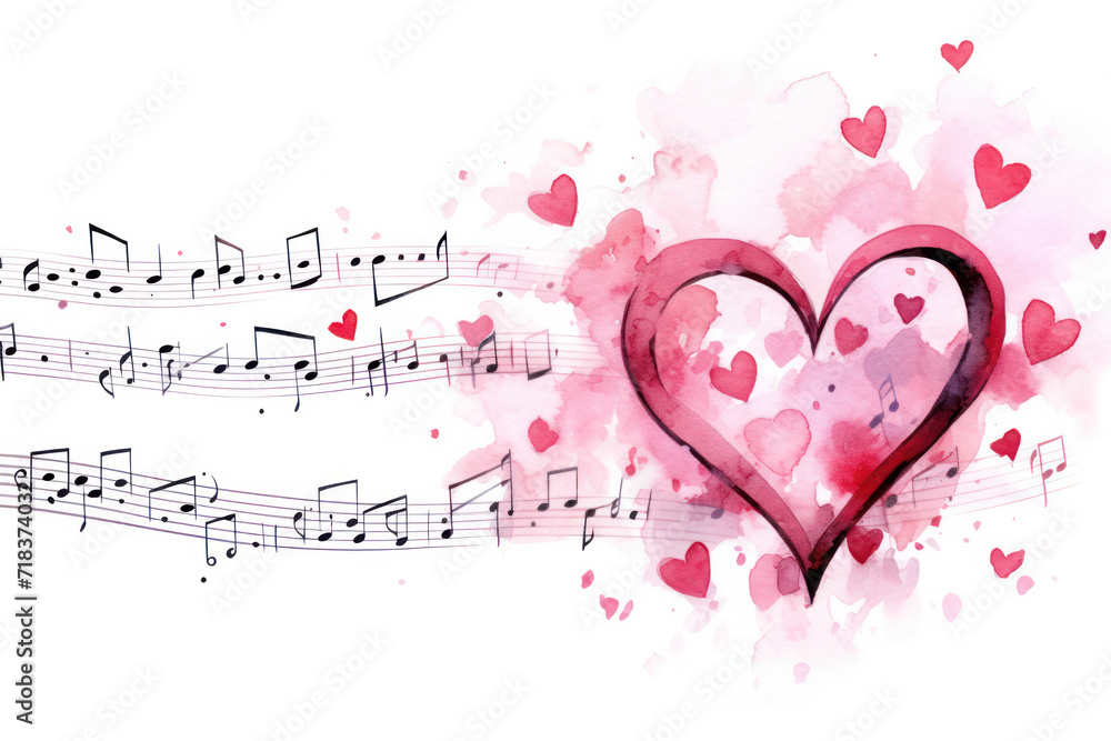 Wall mural Musical notes in pink on the theme of love, Valentine's Day. Watercolor illustration. White background