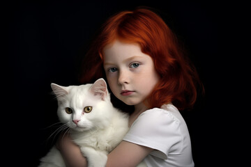 Red-Haired Girl with freckles hugs a  white cat. Feeling of love and friendship