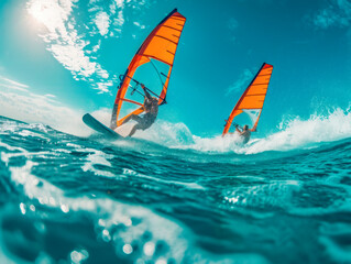 Two windsurfers ride the waves on a sunny summer day