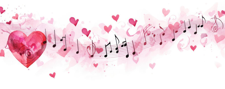 Musical notes in pink on the theme of love, Valentine's Day. Watercolor illustration. White background