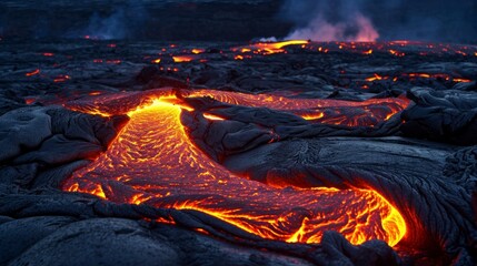 amazing lava from an active volcano on fire