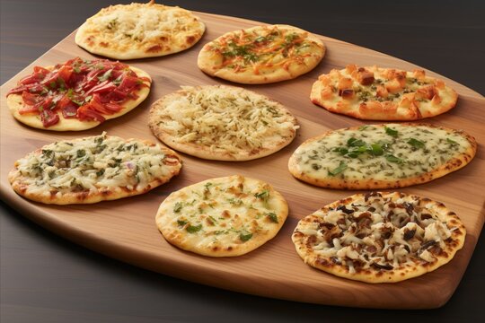 Gourmet pizza selection on wooden cutting board - savory options for food enthusiasts