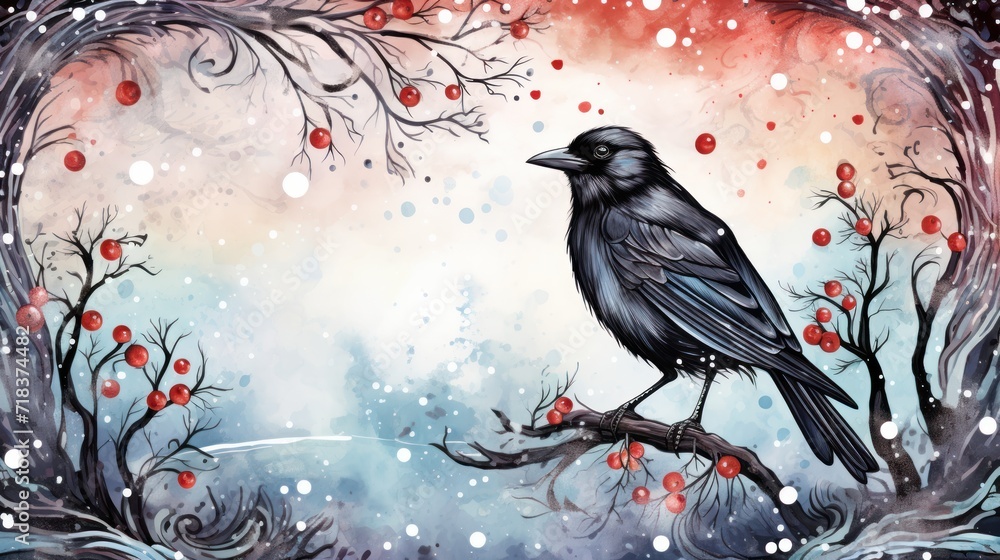Poster a painting of a black bird sitting on a branch of a tree with berries on it and a red sky in the bac
