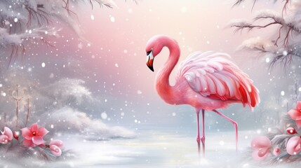  a painting of a pink flamingo standing in the snow with pink flowers in the foreground and a pink sky in the background.