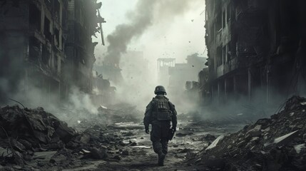 soldier with backpack and helmet on his back in a destroyed city - obrazy, fototapety, plakaty