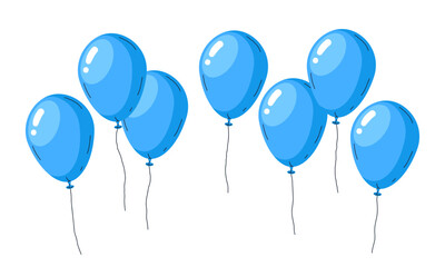 Blue helium balloons. flying glossy balloons, floating air balloons festive decorations. Happy birthday celebration decor flat vector illustration