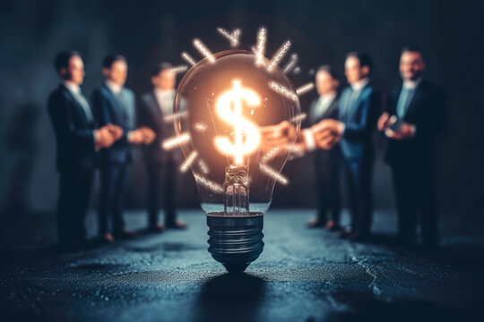 Lightbulb With A Dollar Sign Inside, Surrounded By A Group Of People In Suits Shaking Hands