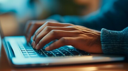 hands on keyboard,  person's hands typing on a sleek and modern laptop keyboard, illustrating productivity and technology in action