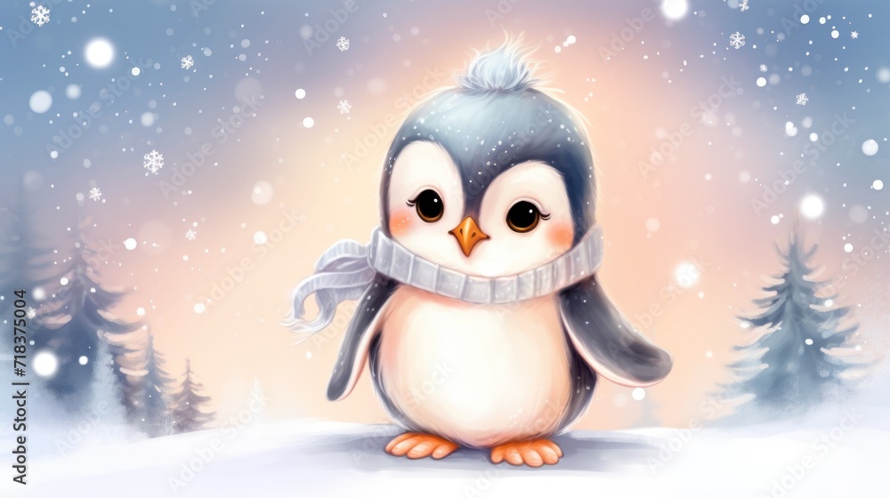 Poster a penguin with a scarf around its neck is standing in the snow with trees and snowflakes in the back