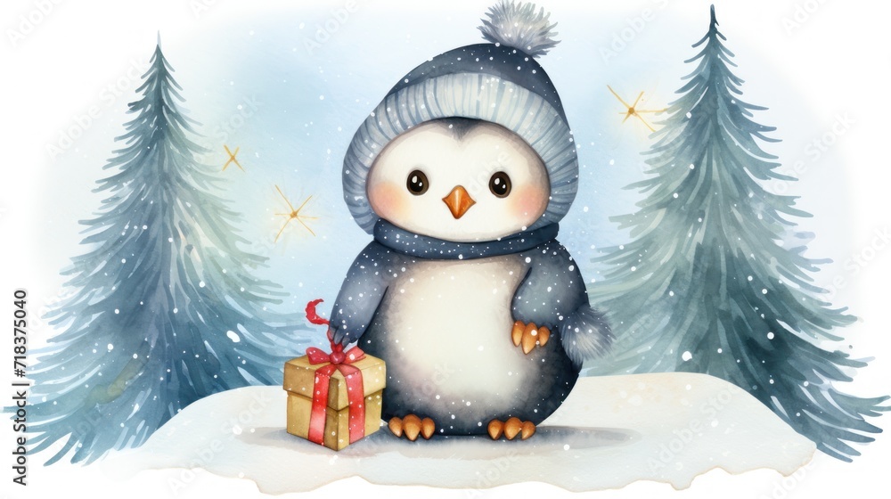 Poster a penguin with a hat and scarf is holding a present in front of a snowy scene with trees and stars.