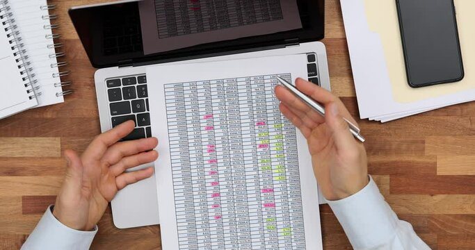 Businessman or accountant presenting business report schedule and financial document on laptop computer at workplace