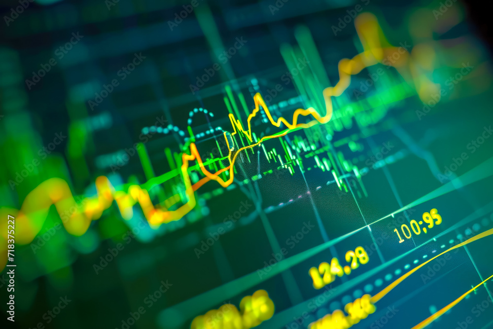 Poster a line chart index for the past 10 years with a green background and a yellow line