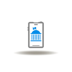 Vector illustration of smartphone with building of government or court. Icon of online trial. Symbol of digital government.