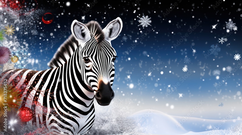 Poster a zebra standing in the snow with a christmas tree in the foreground and snowflakes in the backgroun
