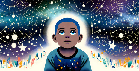 Curious Child Marveling at Starry Night Sky, Wide-Eyed Wonder and Amazement - Concept of Childhood Curiosity, Astronomy, and Exploring the Universe