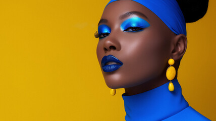 Individuality. A vibrant expression of identity, a person adorned in bold yellow attire and earrings, their face obscured, evokes mystery against a deep blue backdrop