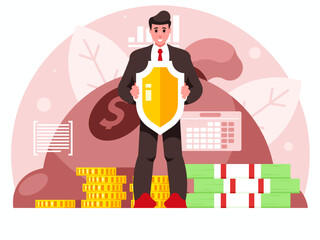 Save money concept. Businessman holding protective shield in your hands. Personal data security. Bag with money. Stacks of bills and gold coins. Vector graphics