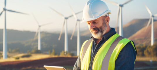 Man Working with Digital Tablet at Energy Wind Farm Banner. Eco and Technology Concept
