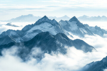 majestic mountain range rises above a sea of clouds, its peaks adorned with intricate patterns of snow and ice