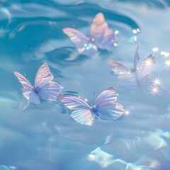 Fototapeta na wymiar Close-up view blue twinkling butterflies on water.