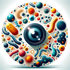 Vibrant Microcosm Illustration: Abstract Organic Shapes and Textures, Nuclear Focal Point Concept - Digital Art Depicting Stylized Microscopic Life in Petri Dish Composition
