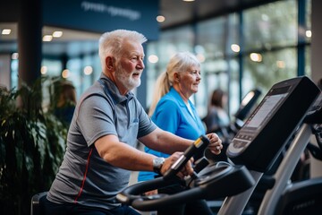 Senior husband and wife happily performing exercises together in the fitness studio