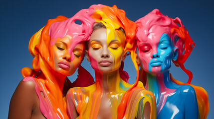 Portrait of a group of women covered in liquid paint - 718376215