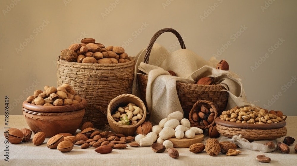 Poster a variety of nuts and nutshells sitting on a table next to a basket of nuts and a towel.
