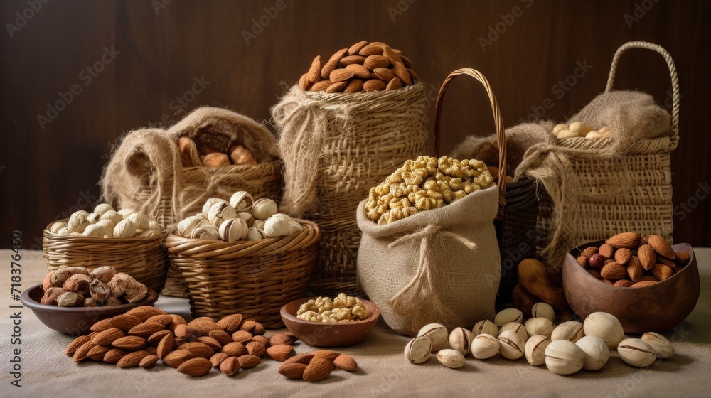 Poster a variety of nuts and nutshells in baskets on a table with a cloth bag on top of it.