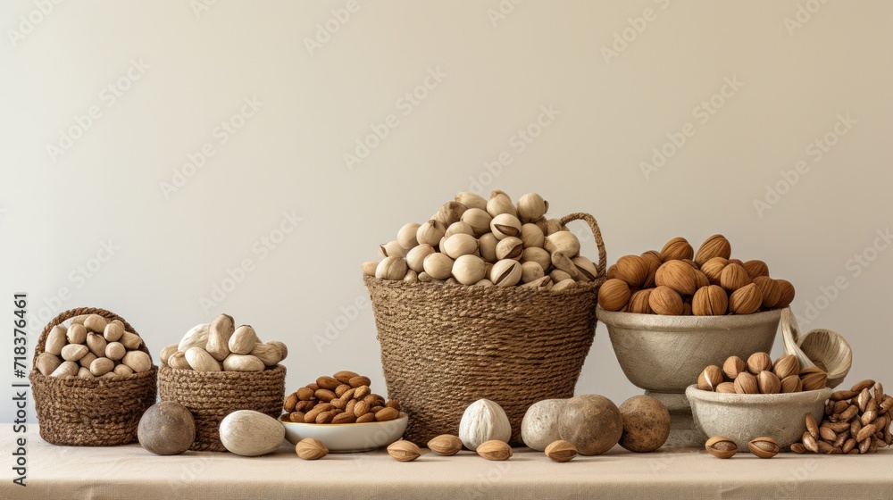 Poster a table topped with bowls of nuts and a basket filled with nuts on top of a cloth covered table clot