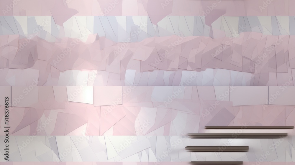 Poster a set of stairs in front of a wall with pink and white squares on it and a clock on the side of the 