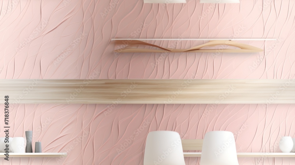 Poster a room with a pink wall and a shelf with vases on it and a shelf with two lamps on it.