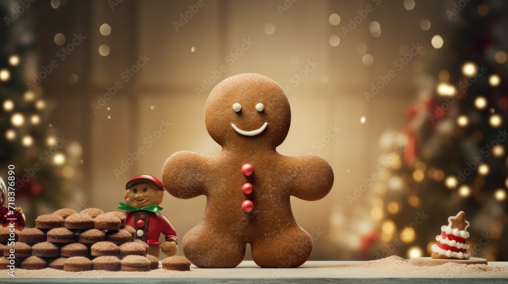 Poster a gingerbread man standing in front of a table of gingerbreads and a christmas tree with lights in t