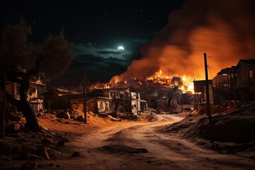 A village settlement burns at night. Generated by artificial intelligence - obrazy, fototapety, plakaty