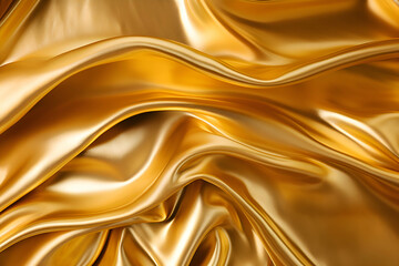 Fototapeta premium High detailed Close up Gold soft silk fabric clean backround wavy yellow satin texture pattern for walllpaper, background and design art work top view Generative Ai