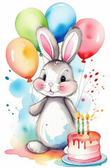 Obraz premium cute bunny holding colorful balloons with cake and candles, birthday watercolor greeting card.