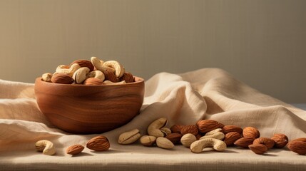 a wooden bowl filled with nuts sitting on top of a table next to a piece of cloth on top of a table. - obrazy, fototapety, plakaty